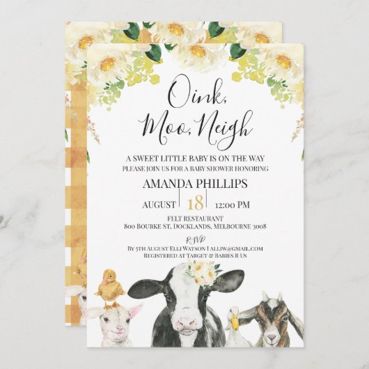 Geel Floral Oink Moo Neigh Boerderij Baby shower Kaart (Voorkant / Achterkant)