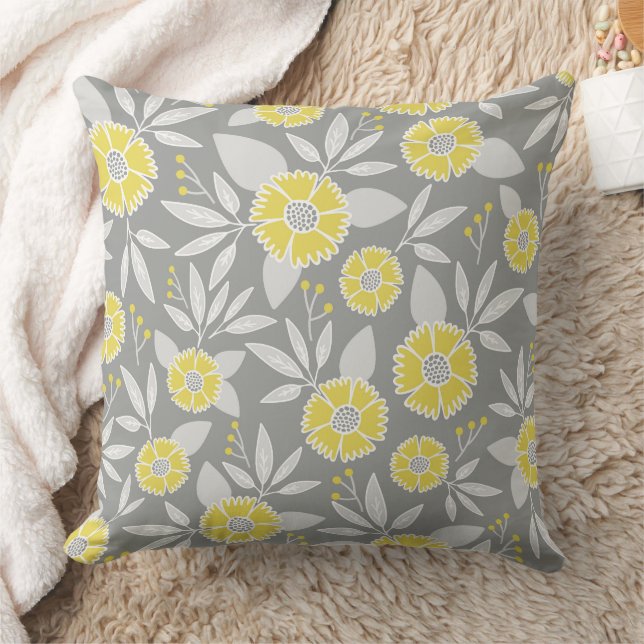 Geel Floral Pillow Hoesje, grijs en geel Kussen (Deken)