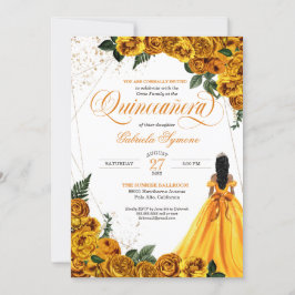 Geel Floral Roos & Gold Elegant Quinceañera Invi Kaart