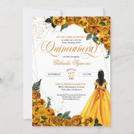 Geel Floral Roos & Gold Elegant Quinceañera Invi Kaart