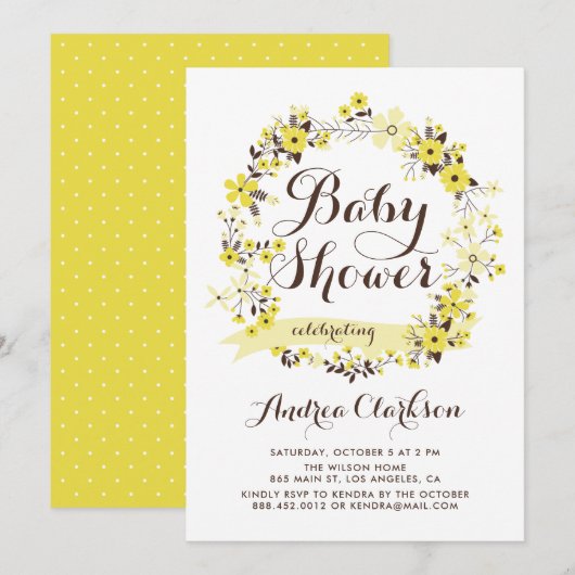  geel Floral Wreath Summer Baby shower Kaart (Voorkant / Achterkant)