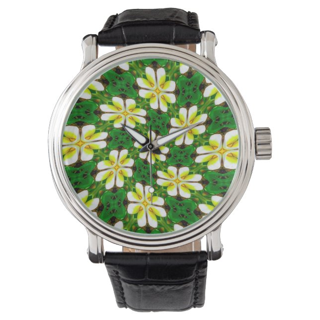 geel Frangipani-patroon Horloge (Voorkant)