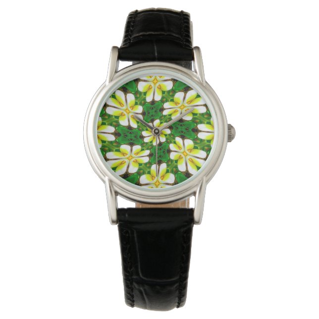 geel Frangipani-patroon Horloge (Voorkant)
