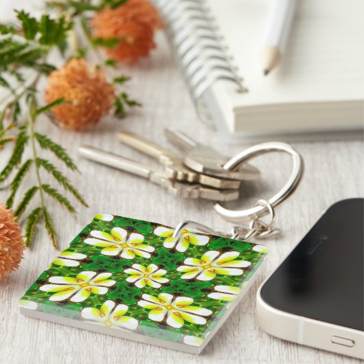 geel Frangipani-patroon Sleutelhanger (Voorkant Rechts)