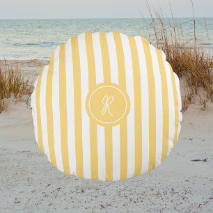 Geel Frans strand Stripe gepersonaliseerd monogram Rond Kussen