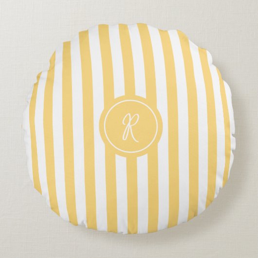 Geel Frans strand Stripe gepersonaliseerd monogram Rond Kussen (Voorkant)