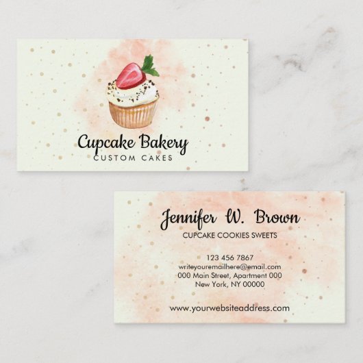 Geel gebak Waterverf Aardbeien Cupcake Visitekaartje (Voorkant / Achterkant)