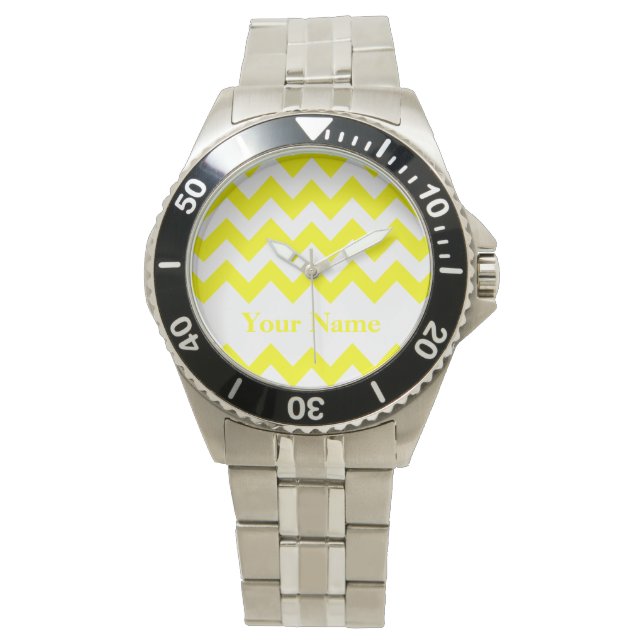 Geel gebold Chevron met monogram Horloge (Voorkant)