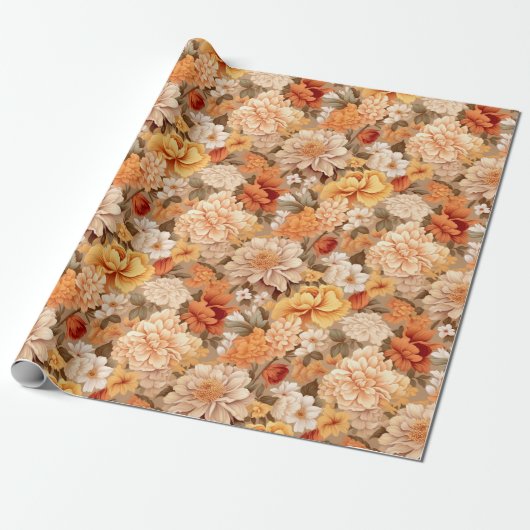  geel gebrande oranje beige bruine bloemen cadeaupapier (Uitgerold)