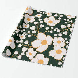 Geel Gecentreerde Witte Bloemen & Groene Achtergro Cadeaupapier
