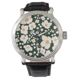 Geel Gecentreerde Witte Bloemen & Groene Achtergro Horloge