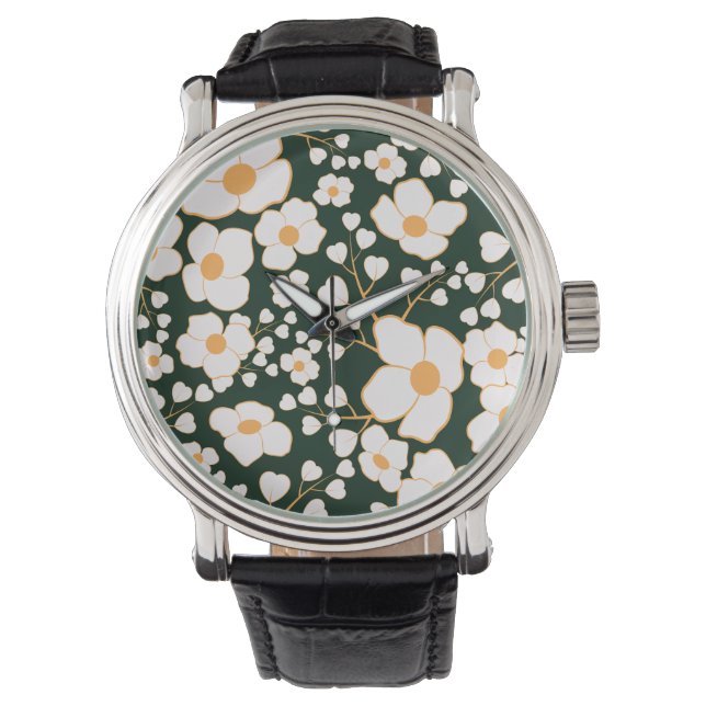 Geel Gecentreerde Witte Bloemen & Groene Achtergro Horloge (Voorkant)