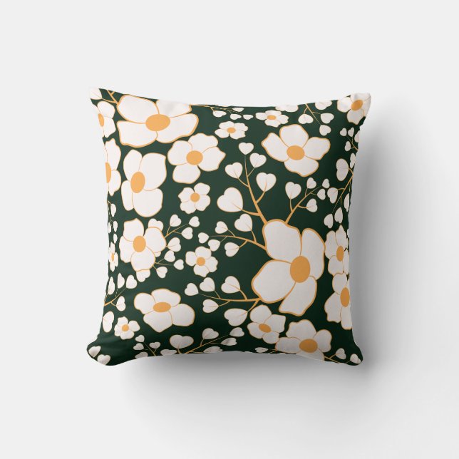 Geel Gecentreerde Witte Bloemen & Groene Achtergro Kussen (Voorkant)