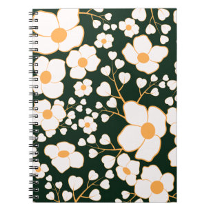 Geel Gecentreerde Witte Bloemen & Groene Achtergro Notitieboek