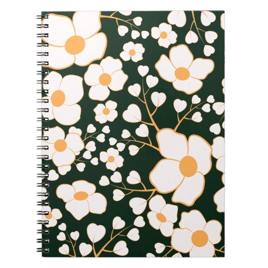 Geel Gecentreerde Witte Bloemen & Groene Achtergro Notitieboek (Voorkant)