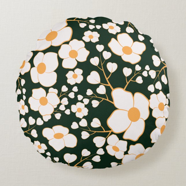Geel Gecentreerde Witte Bloemen & Groene Achtergro Rond Kussen (Voorkant)