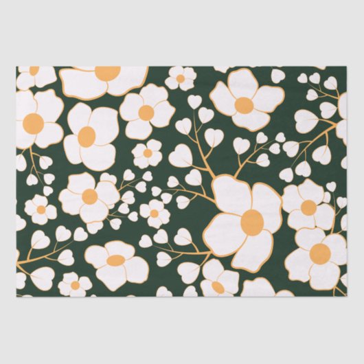 Geel Gecentreerde Witte Bloemen & Groene Achtergro Tissuepapier (Voorkant)