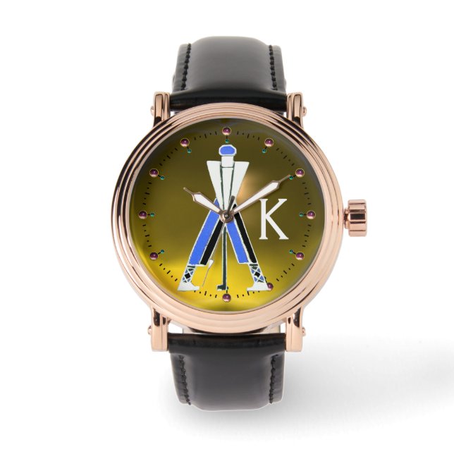 GEEL GEEL BLAUW GOLFER, GOLF-PLAYER MONOGRAM HORLOGE (Voorkant)