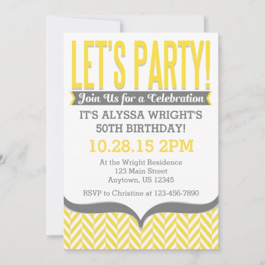 Geel Geel Gray Modern Herringbone Birthday Invitat Kaart (Voorkant)