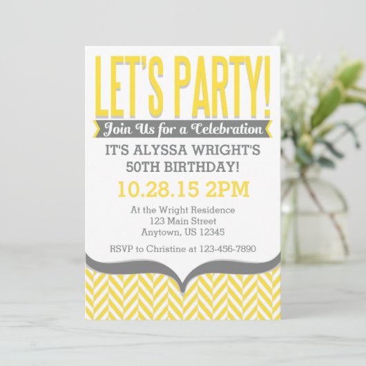 Geel Geel Gray Modern Herringbone Birthday Invitat Kaart (Staand voorkant)