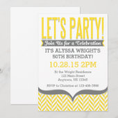 Geel Geel Gray Modern Herringbone Birthday Invitat Kaart (Voorkant / Achterkant)