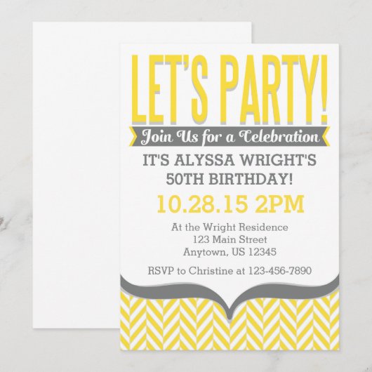 Geel Geel Gray Modern Herringbone Birthday Invitat Kaart (Voorkant / Achterkant)
