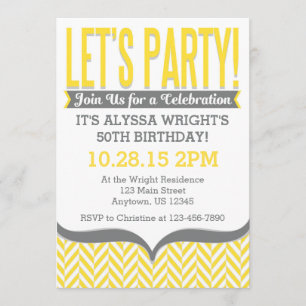 Geel Geel Gray Modern Herringbone Birthday Invitat Kaart