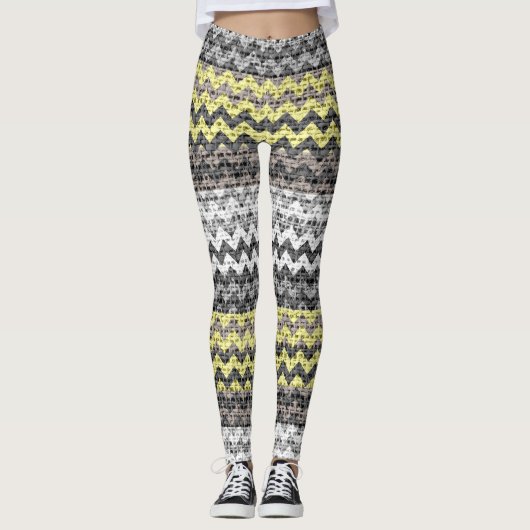 Geel Geel Witte Chevron Pattern Burlap Kijk Leggings (Voorkant)