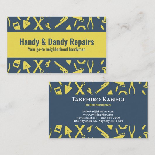Geel geïllustreerd gereedschap Aangepast handschri Visitekaartje (Voorkant / Achterkant)