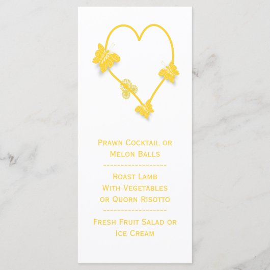 Geel gekleurd vlinder hart bruiloft diner menu (Achterkant)