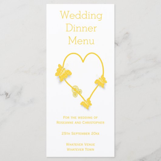 Geel gekleurd vlinder hart bruiloft diner menu (Voorkant)