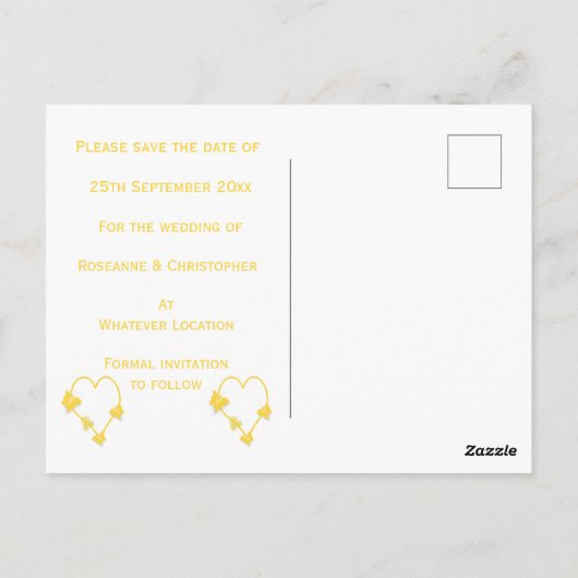 Geel gekleurd vlinderhart bewaar de datum briefkaart (Achterkant)