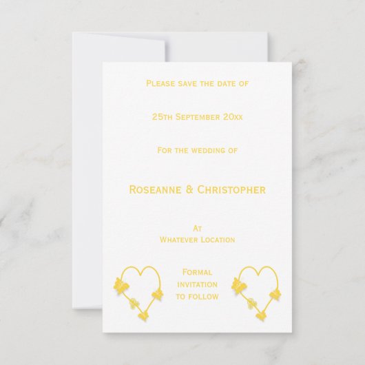 Geel gekleurd vlinderhart bewaar de datum kaart (Achterkant)