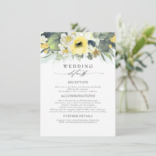 Geel gekleurde bloemen bruiloft informatie informatiekaartje (Staand voorkant)