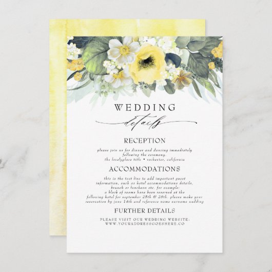 Geel gekleurde bloemen bruiloft informatie informatiekaartje (Voorkant / Achterkant)