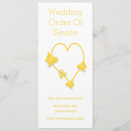 Geel gekleurde vlinder hart bruiloft programma programmakaart (Voorkant)