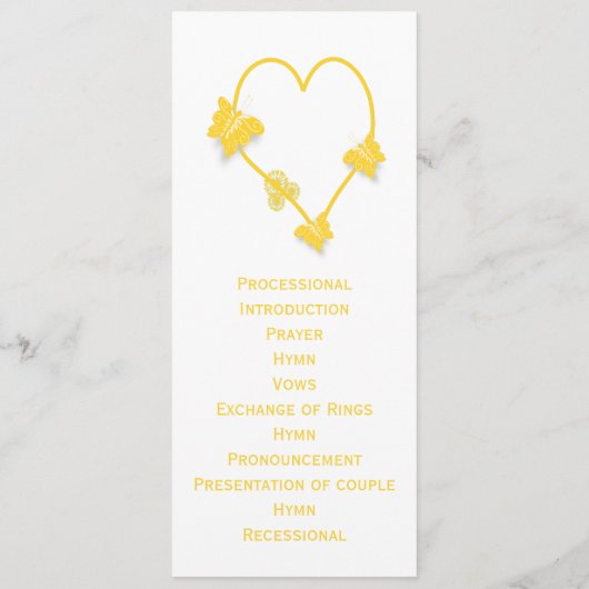 Geel gekleurde vlinder hart bruiloft programma programmakaart (Achterkant)