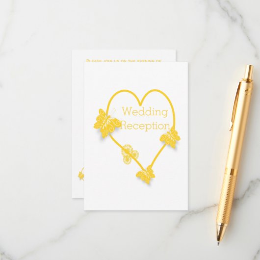 Geel gekleurde vlinder hart bruiloft receptie informatiekaartje (Voorkant / Achterkant in situ)