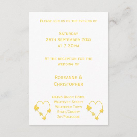 Geel gekleurde vlinder hart bruiloft receptie informatiekaartje (Achterkant)