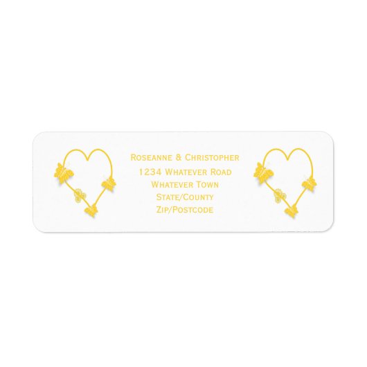 Geel gekleurde vlinder hart ontwerp bruiloft etiket (Voorkant)