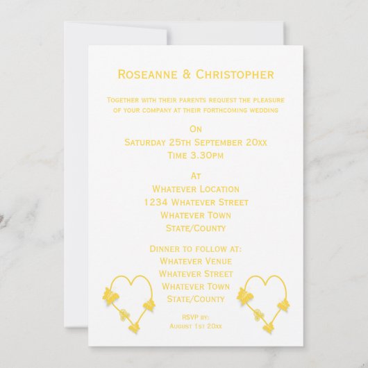 Geel gekleurde vlinder hart ontwerp bruiloft kaart (Achterkant)