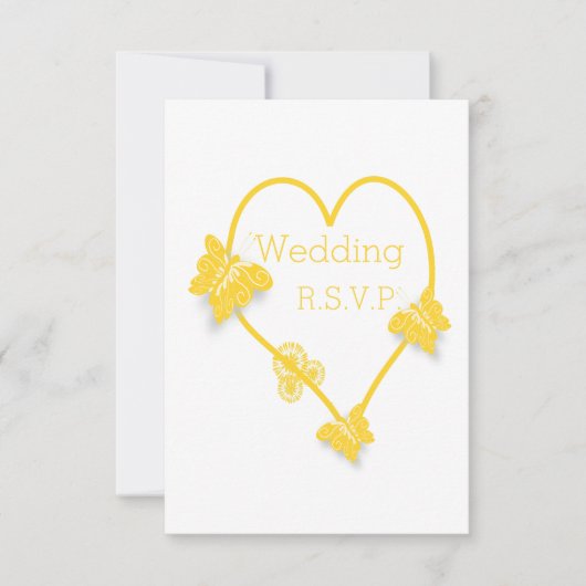Geel gekleurde vlinder hart ontwerp bruiloft RSVP kaartje (Voorkant)