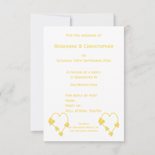 Geel gekleurde vlinder hart ontwerp bruiloft RSVP kaartje (Achterkant)