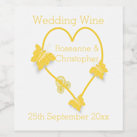 Geel gekleurde vlinder hart ontwerp bruiloft wijn etiket (Enkel label)