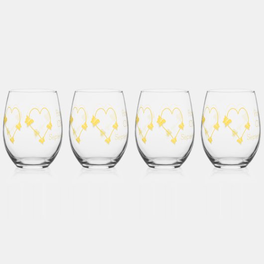 Geel gekleurde vlinder hart ontwerp bruiloft wijnglas zonder voet (Voorkant)