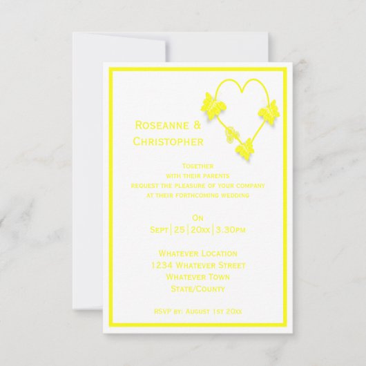 Geel Gekleurde Vlinders Hart Ontwerp Wedding Kaart (Voorkant)