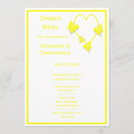 Geel Gekleurde Vlinders Hart Ontwerp Wedding Menu (Voorkant)
