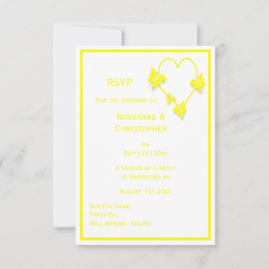 Geel Gekleurde Vlinders Hart Ontwerp Wedding RSVP Kaartje (Voorkant)
