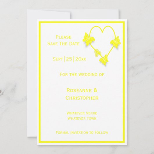 Geel Gekleurde Vlinders Hart Ontwerp Wedding Save The Date (Voorkant)