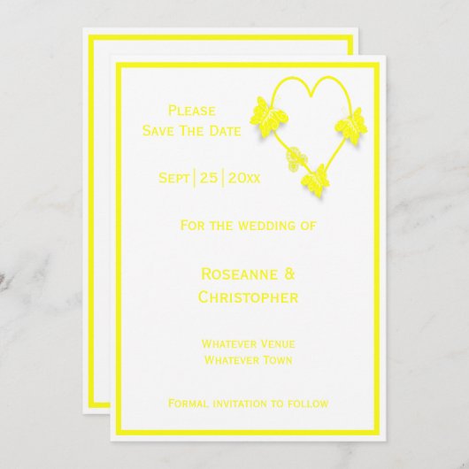 Geel Gekleurde Vlinders Hart Ontwerp Wedding Save The Date (Voorkant / Achterkant)
